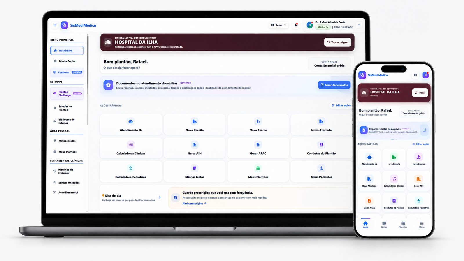 SisMed Médico exibido em notebook e smartphone